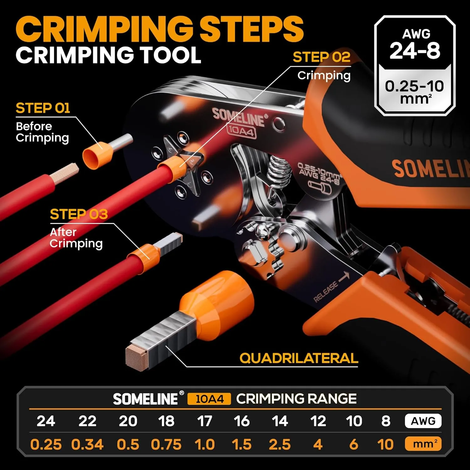 SOMELINE® Ferrule Crimping Tool Kit, Self-Adjusting Pliers for Wire Ferrules AWG 24-8, With 18 Sizes Insulated and Non-insulated Wire Ferrules Terminals, Square Crimp Connector Assortment Kit