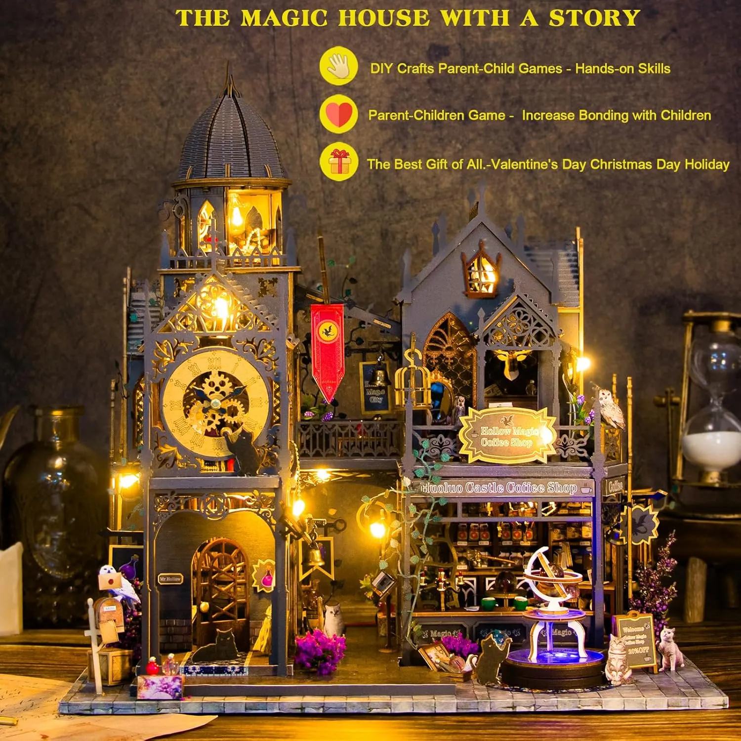 Spilay Dollhouse DIY Miniature Wooden Furniture Kit,Mini Handmade Big Castle Model,with Dust Cover & Music Box 1:24 Scale Creative Doll House Toys for Adult Gift
