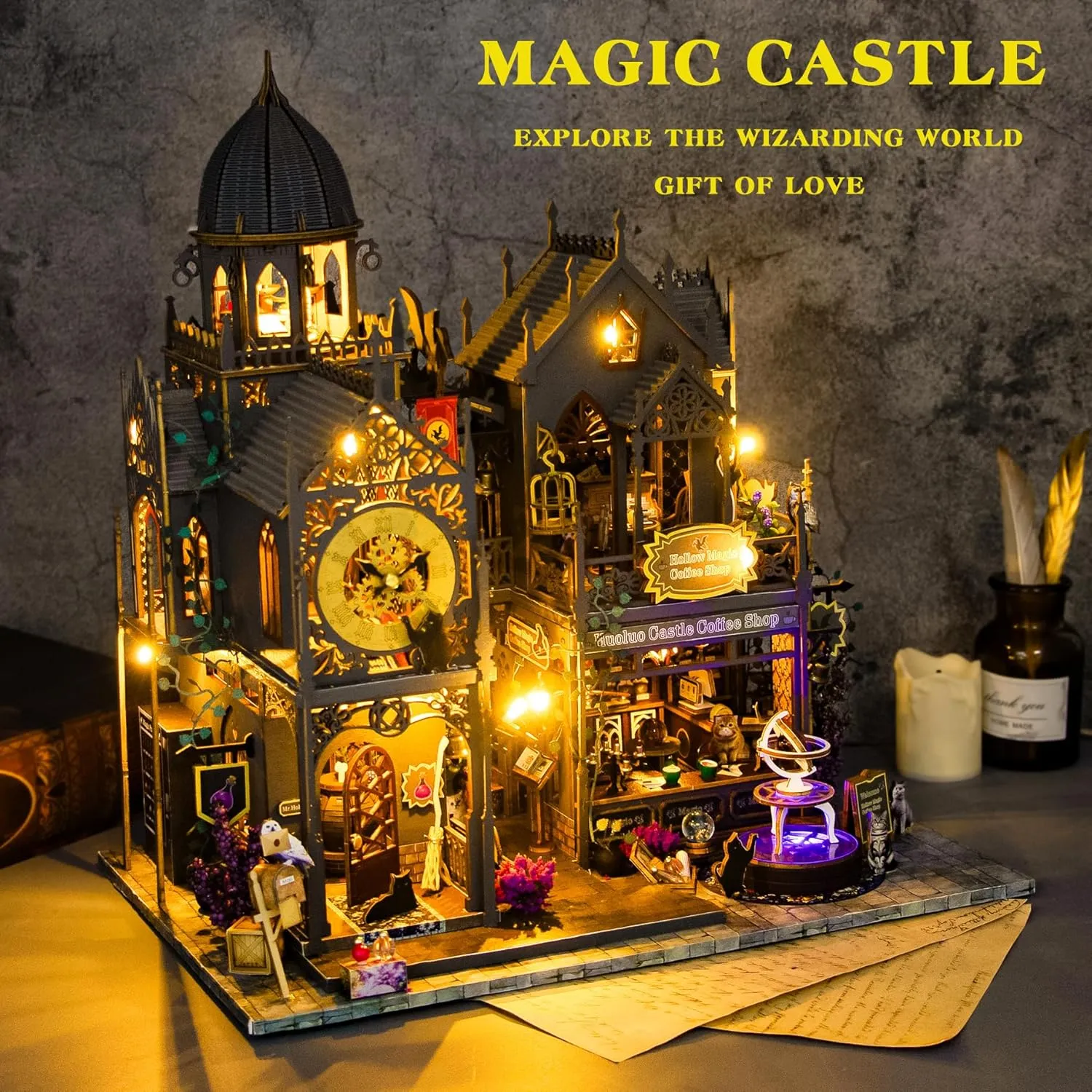 Spilay Dollhouse DIY Miniature Wooden Furniture Kit,Mini Handmade Big Castle Model,with Dust Cover & Music Box 1:24 Scale Creative Doll House Toys for Adult Gift
