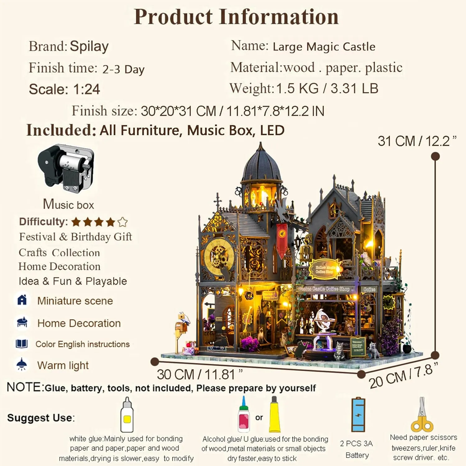Spilay Dollhouse DIY Miniature Wooden Furniture Kit,Mini Handmade Big Castle Model,with Dust Cover & Music Box 1:24 Scale Creative Doll House Toys for Adult Gift