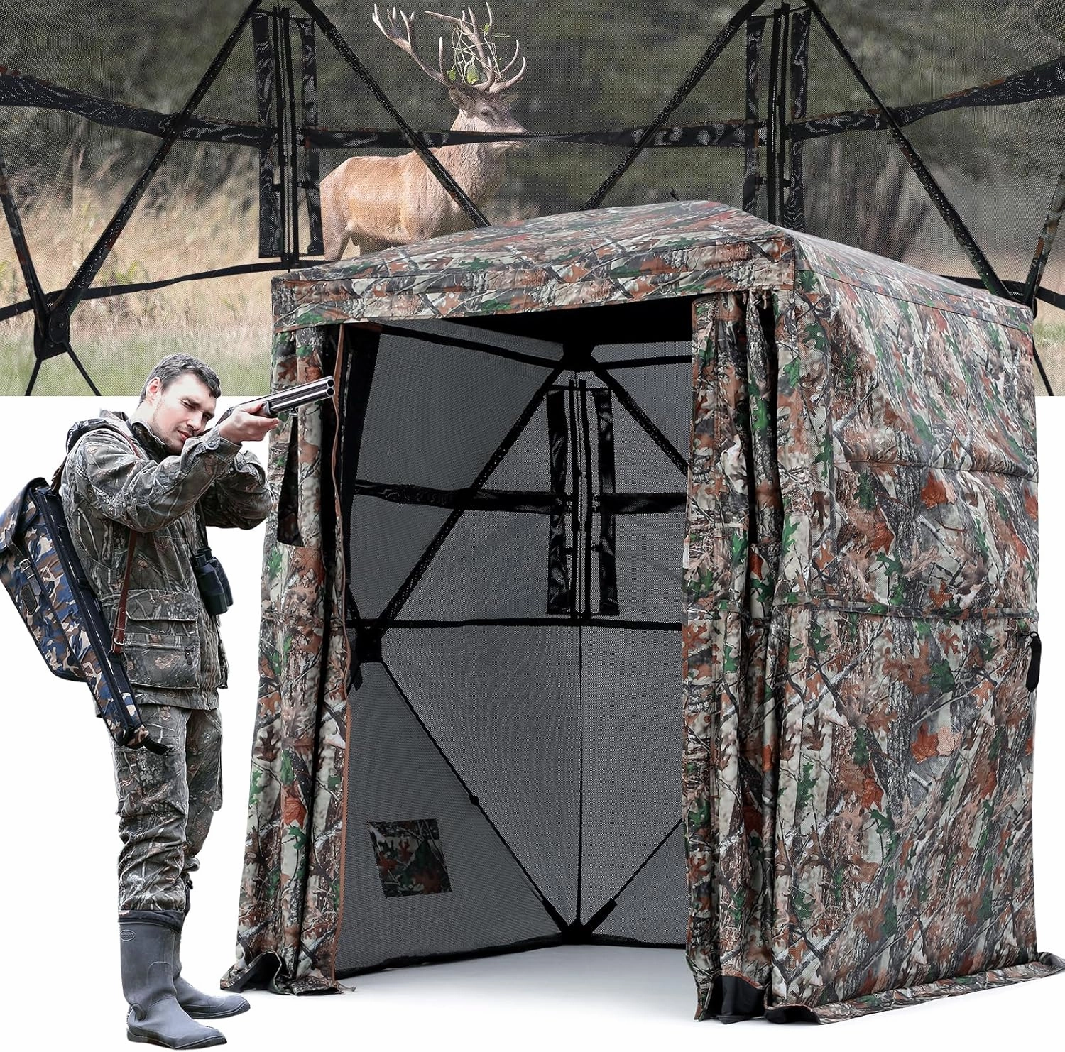 Sportneer Hunting Blind 270 Degree See Through Ground Blind with Silent Sliding Door & Windows for Deer Hunting, 2-3 Person Pop Up Ground Blind for Turkey and Deer with Carrying Bag