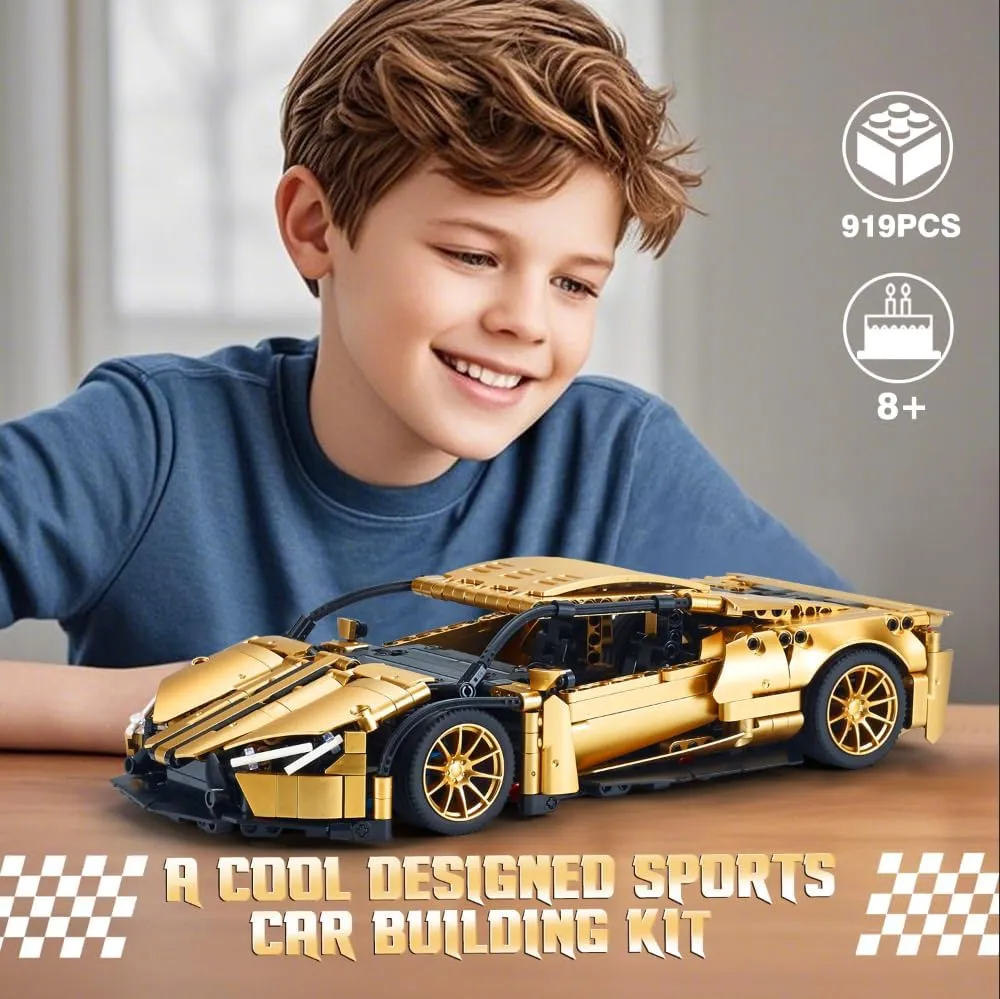Sports Car Building Set for Adults - 1:14 MOC Toy Car Building Block, Racing Car Model Kit Gifts for Boyfriends,Boys and Teens Age 8-14 (Gold)