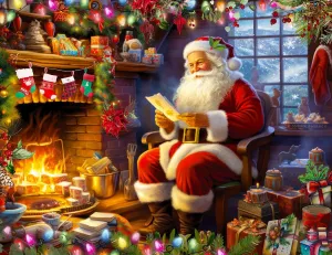 Springbok's Naughty or Nice 1000 Piece Jigsaw Puzzle is a Classic Image by Claudia McKinney of Santa Reviewing his Christmas Wish List