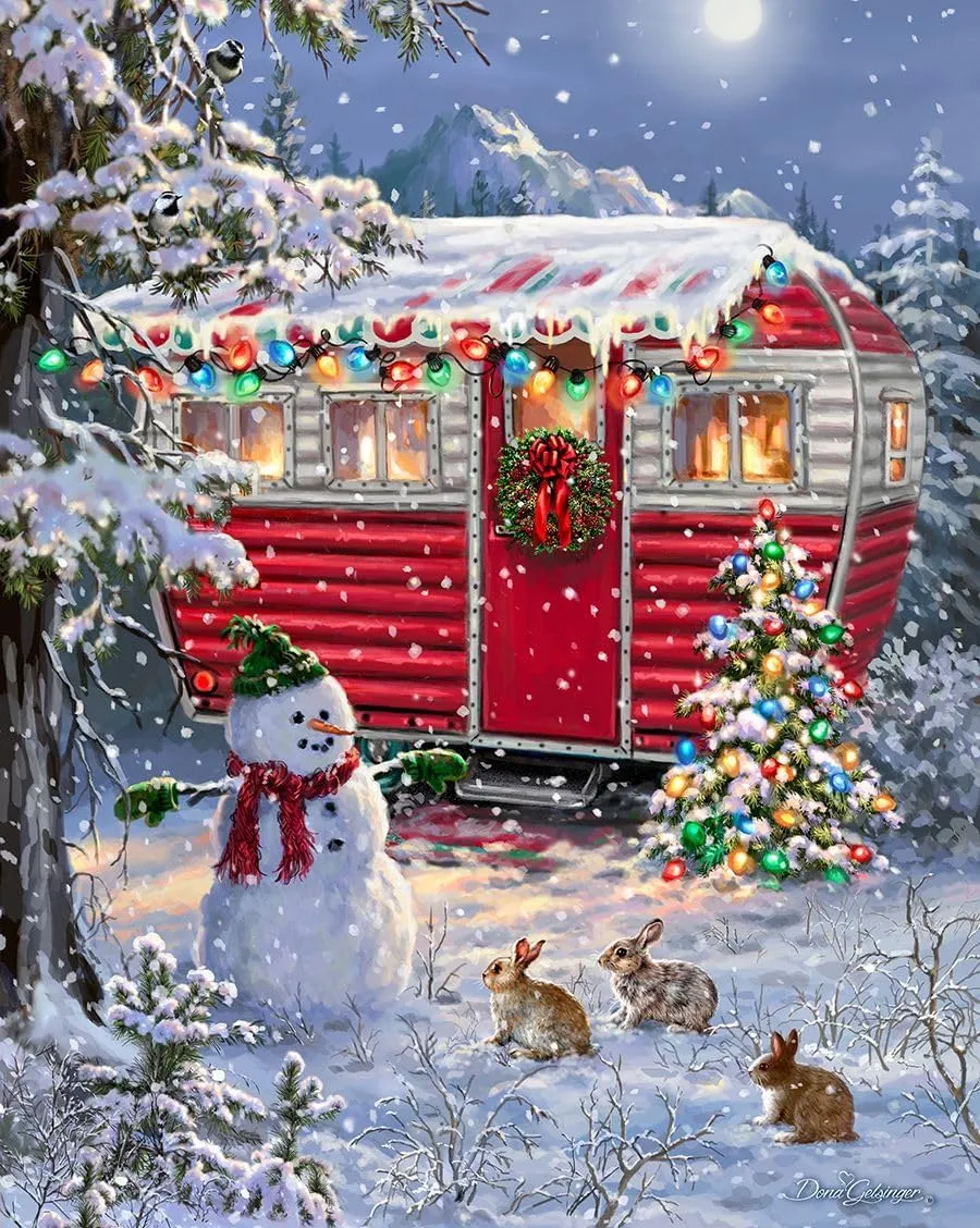 Springbok's Snowy Retreat 1000 Piece Jigsaw Puzzle is a Fun Holiday Image Featuring a Camper Glowing in Holiday Decor