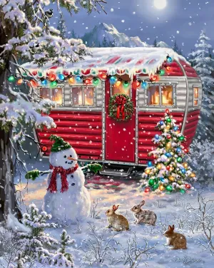 Springbok's Snowy Retreat 1000 Piece Jigsaw Puzzle is a Fun Holiday Image Featuring a Camper Glowing in Holiday Decor