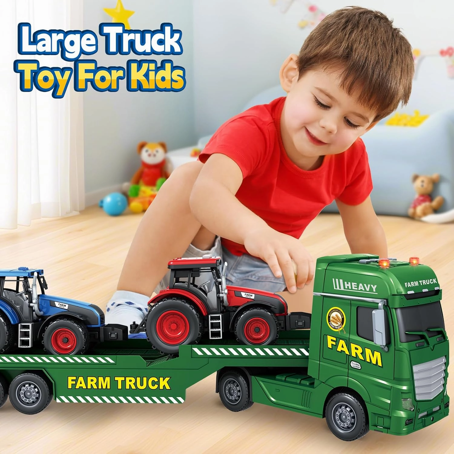 SpringFlower Toddler Boy Truck Toys, 25" Large Farm Vehicles with Tractors, 3 in 1 Farm Truck Boy Toy, Christmas & Birthday Gifts for Kids 3-6 Years Old