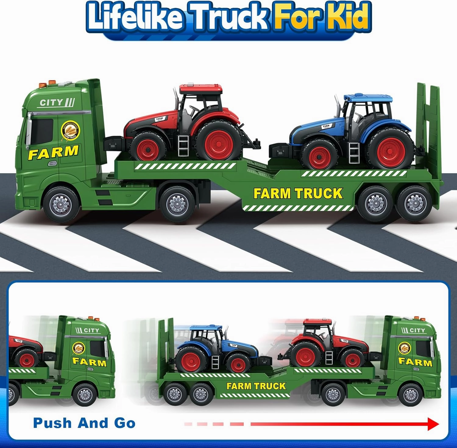 SpringFlower Toddler Boy Truck Toys, 25" Large Farm Vehicles with Tractors, 3 in 1 Farm Truck Boy Toy, Christmas & Birthday Gifts for Kids 3-6 Years Old