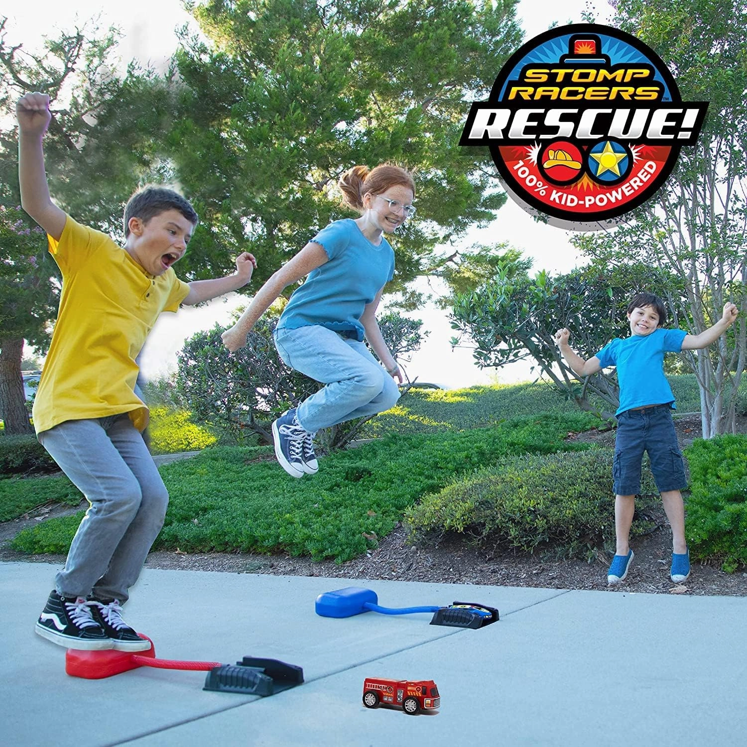 Stomp Rocket Original Stomp Rescue Racers - Dueling Race Cars for Kids - 1 Firetruck, 1 Police Car, 2 Launch Pads and 2 Tunnels - Fun Toy and Gift for Boys or Girls Age 5  Years Old - STEM Toy