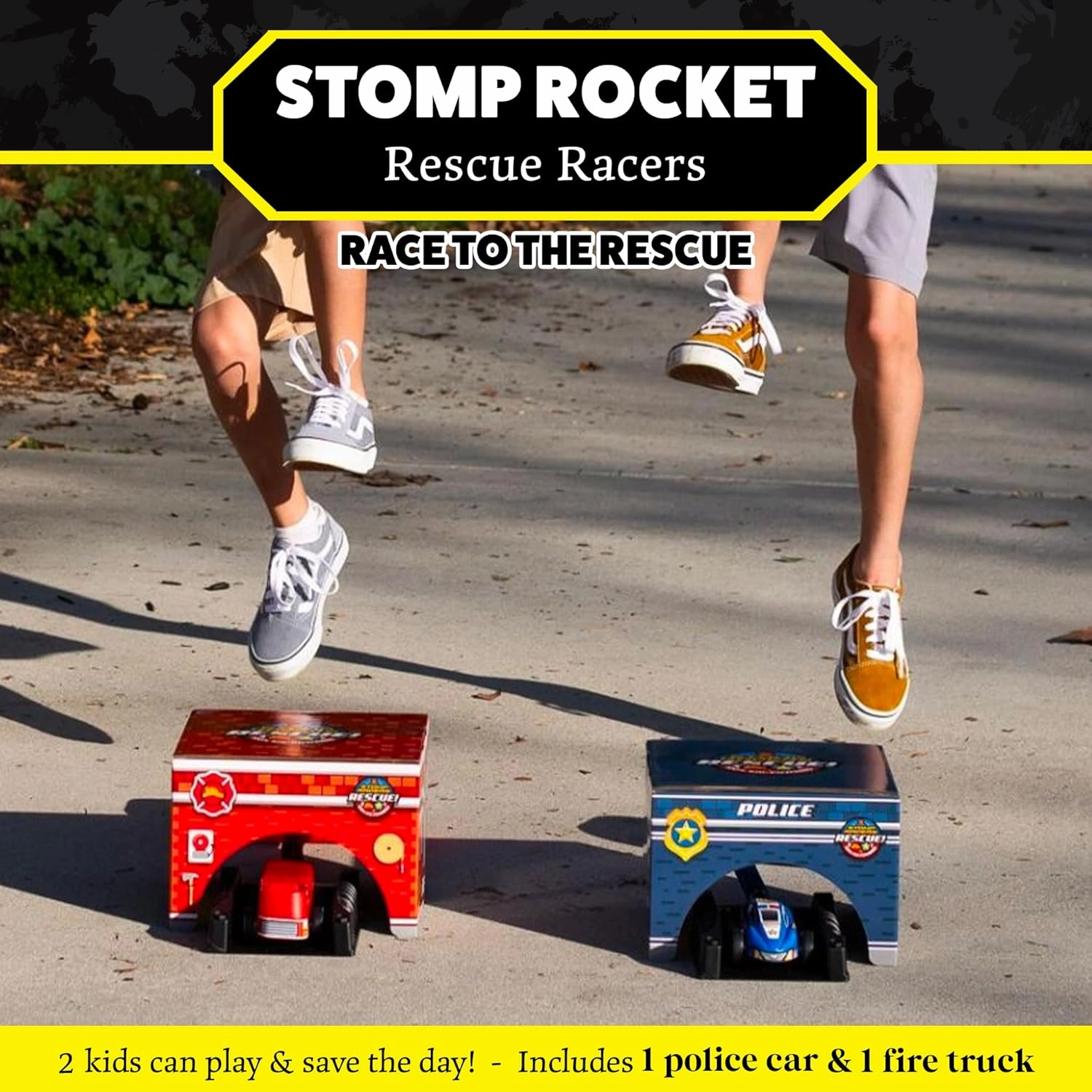 Stomp Rocket Original Stomp Rescue Racers - Dueling Race Cars for Kids - 1 Firetruck, 1 Police Car, 2 Launch Pads and 2 Tunnels - Fun Toy and Gift for Boys or Girls Age 5  Years Old - STEM Toy