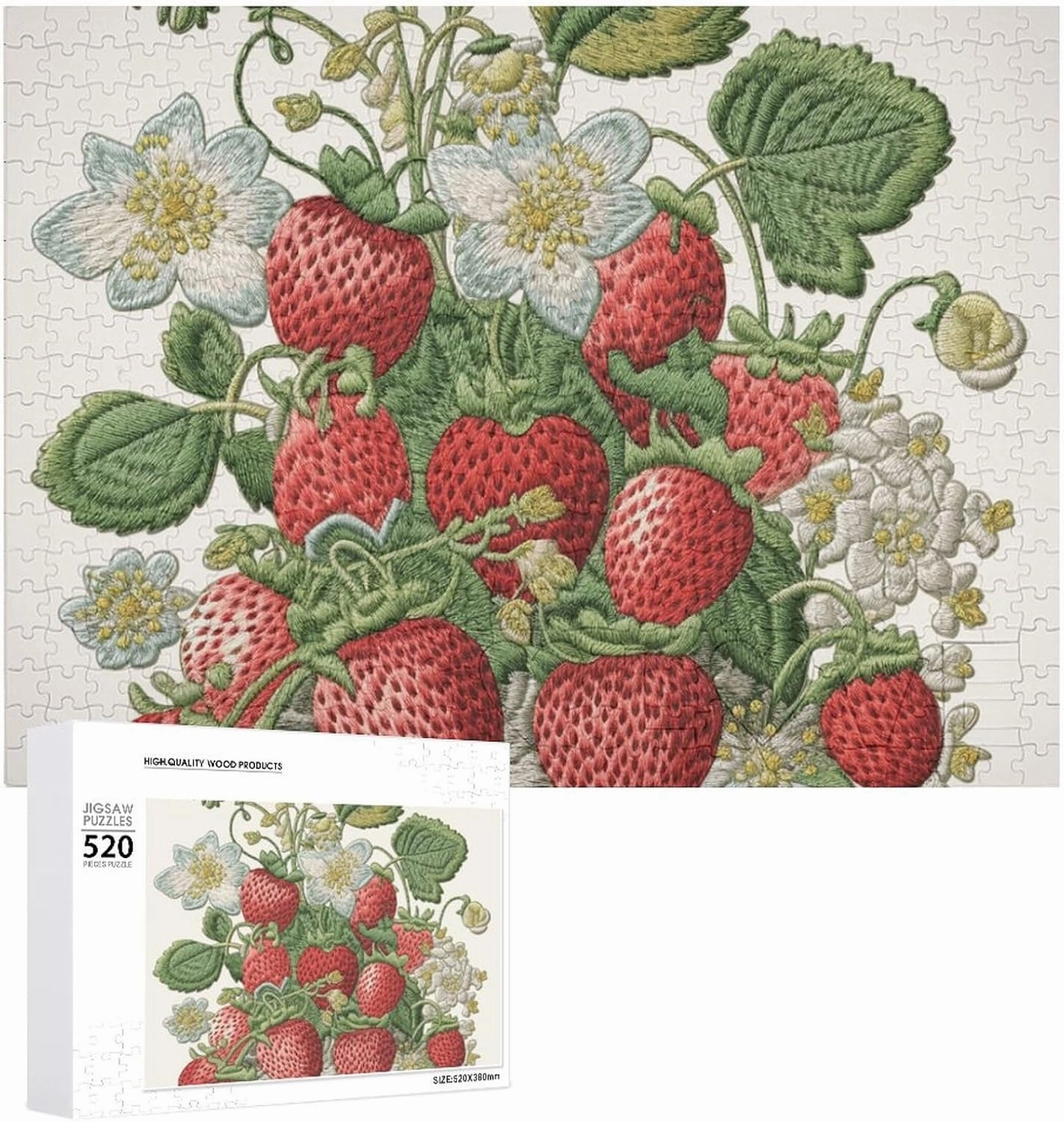 Strawberry Embroidery Puzzles 520 Pieces Personalized Jigsaw Puzzles Strawberry Embroidery Photo Puzzle Challenging Picture Puzzle for Adults Personaliz Jigsaw with Storage Bag (20.5" X 15")