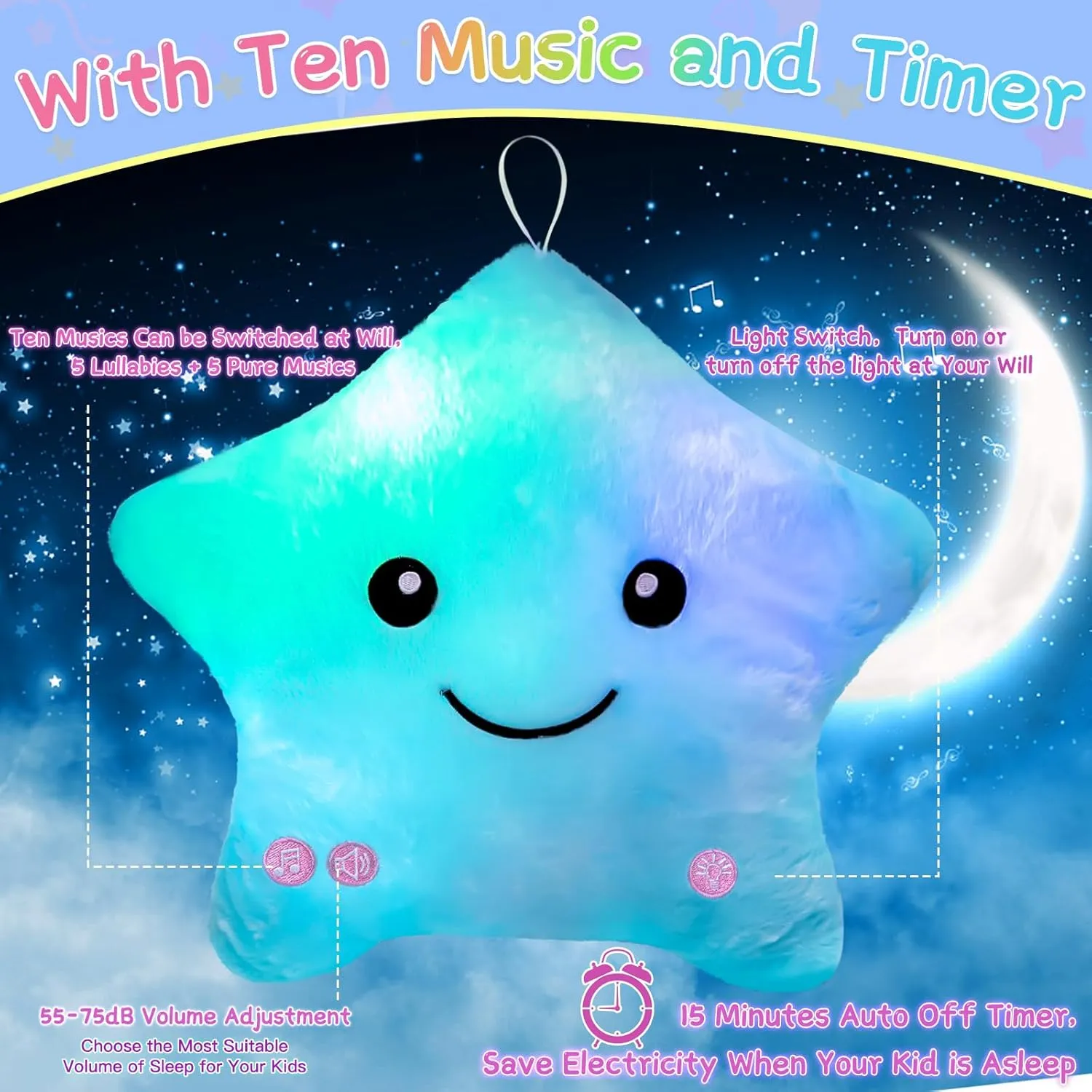 Subao Sensory Toys for Kids with Autism,14" Soft Toddler Pillow With Light &Music,Plush Star Night Light,Light Up Adhd Autism Sensory Products,Birthday Xmas Easter Gifts for Boys 3 4 5 6 7 8 9 10 Blue