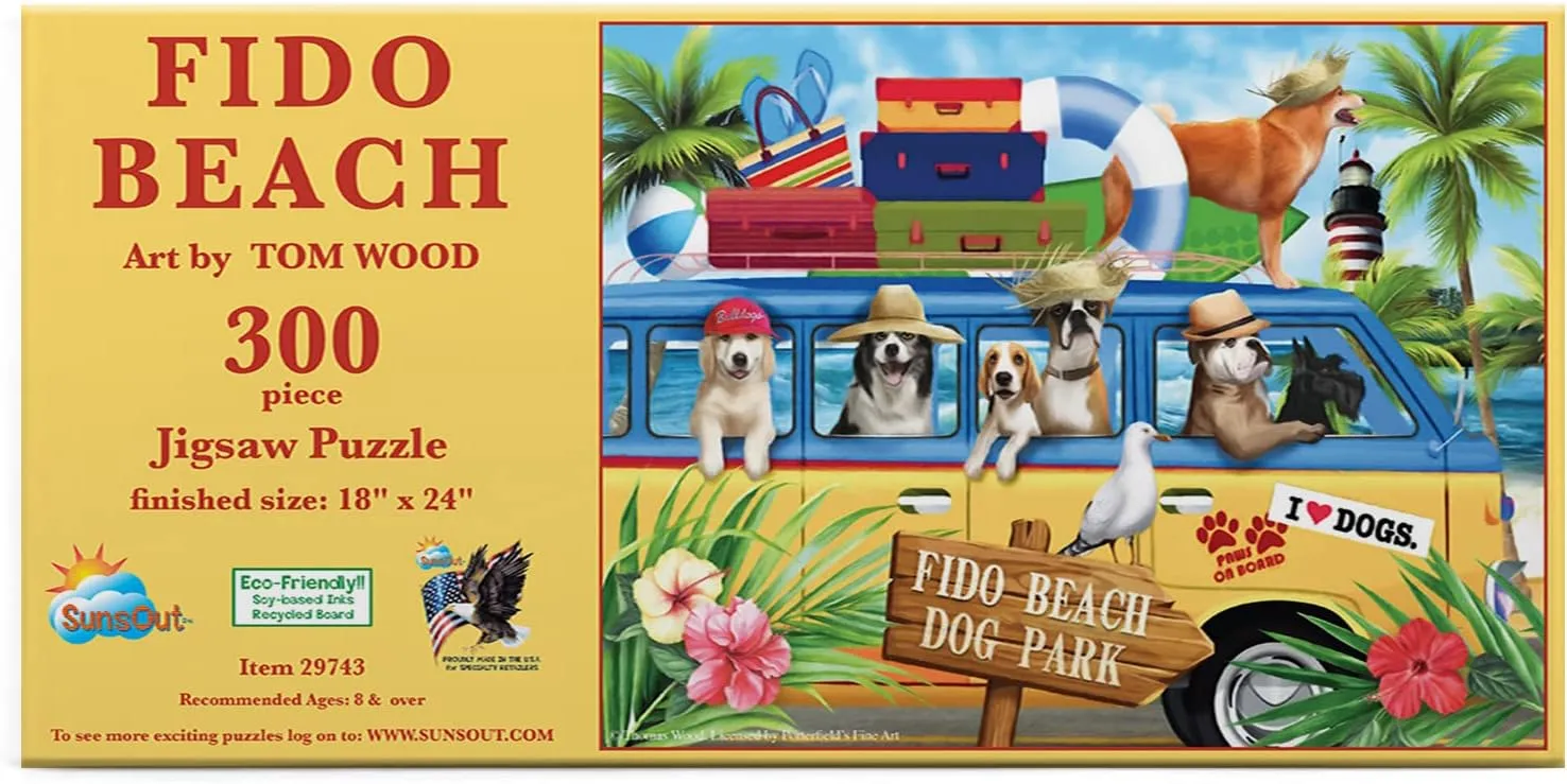SUNSOUT INC - Fido Beach - 300 pc Jigsaw Puzzle by Artist: Tom Wood - Finished Size 18" x 24" - MPN# 29743