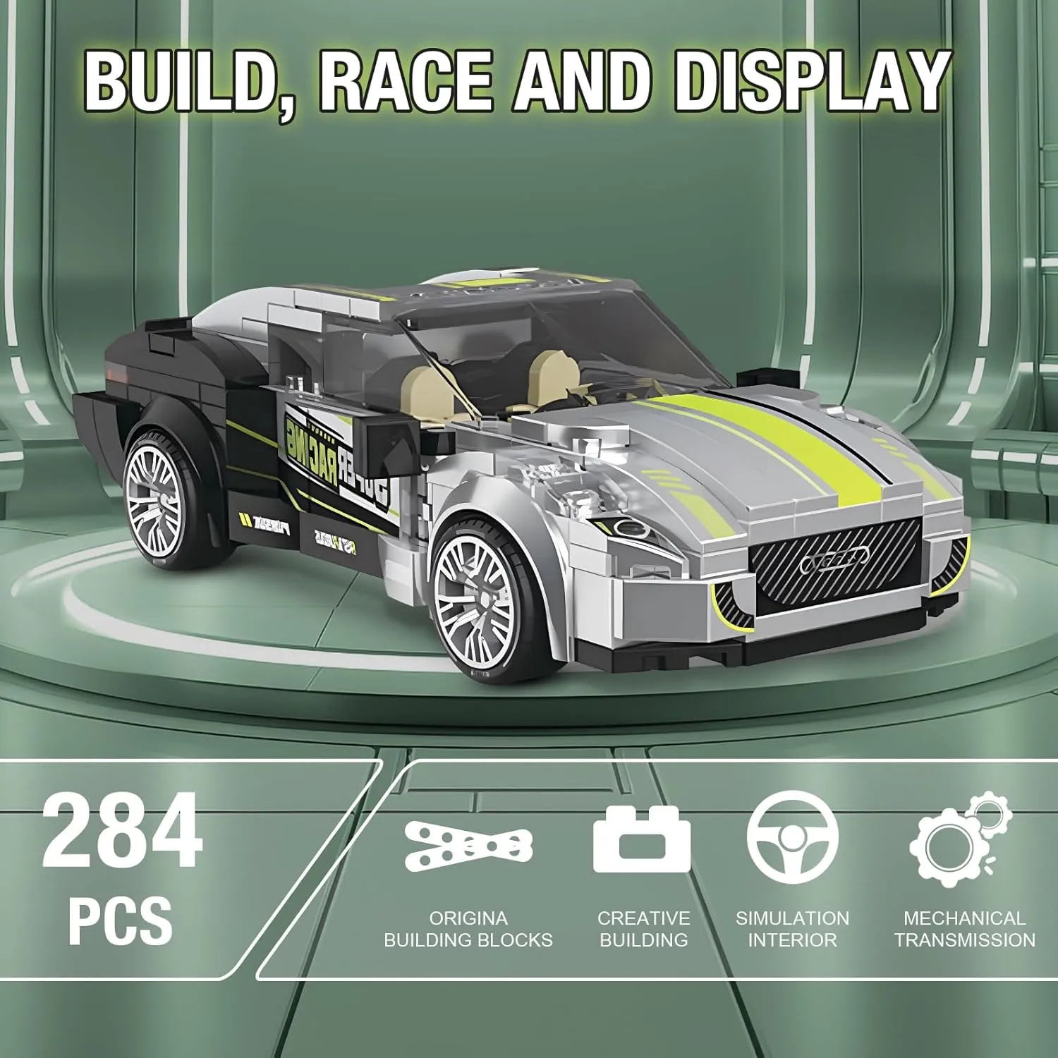 Super Racing Car Building Sets with Display Case, Collectible Champion Car Model DIY Building Kit, Cool Vehicles Construction Toy Sets for Adult Teens Kids Gift Idea(284 Pieces)