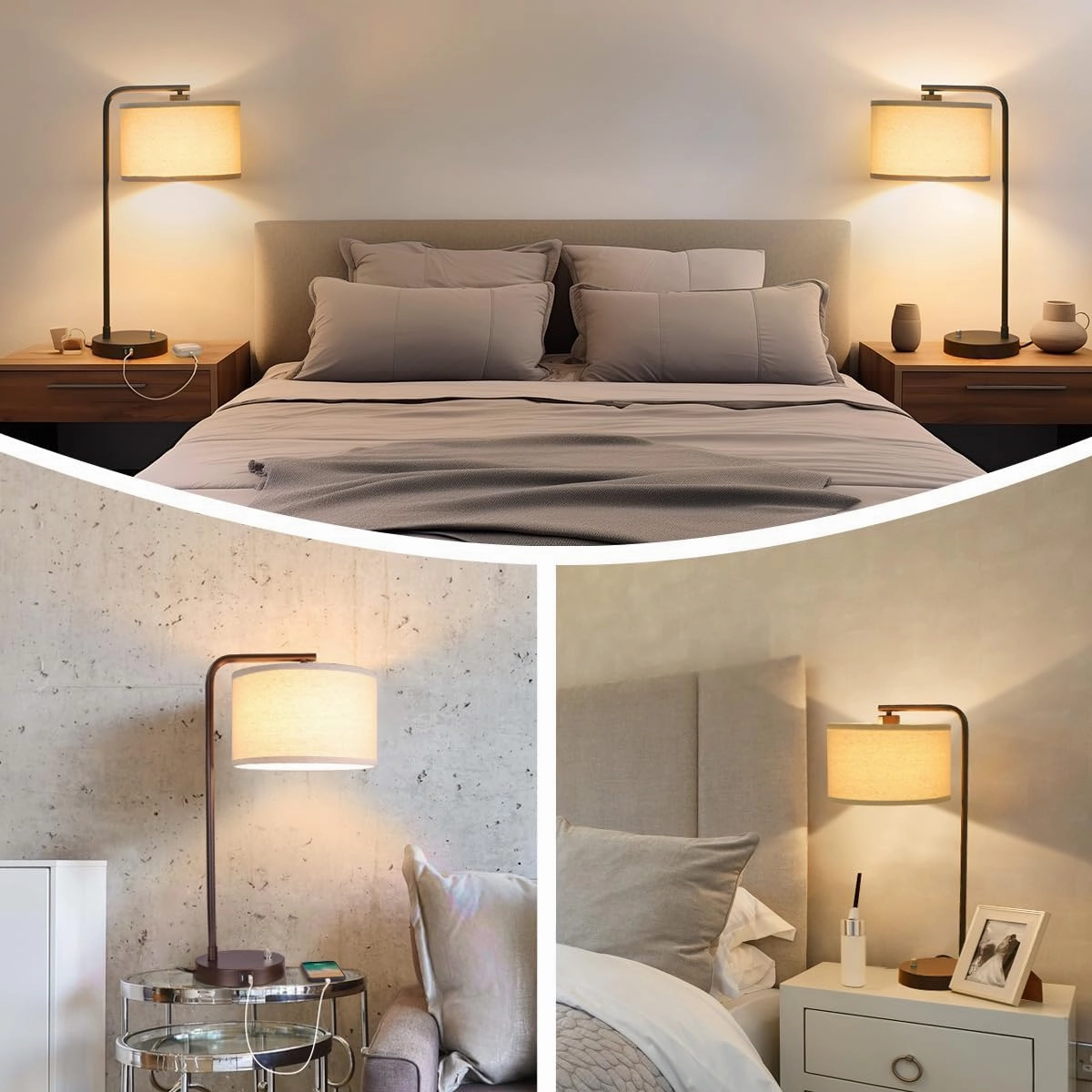 Table Lamps Set of 2, Fully Dimmable Bedside Lamp with USB C A Charging Ports, Modern Nightstand Lamps with Linen Fabric Shades, Tall Desk Lamp for Bedroom, Living Room, Office, LED Bulb Included
