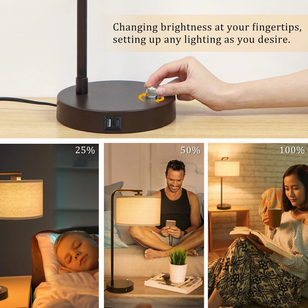 Table Lamps Set of 2, Fully Dimmable Bedside Lamp with USB C A Charging Ports, Modern Nightstand Lamps with Linen Fabric Shades, Tall Desk Lamp for Bedroom, Living Room, Office, LED Bulb Included