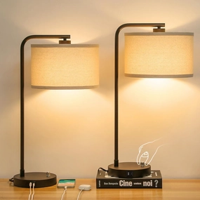 Table Lamps Set of 2, Fully Dimmable Bedside Lamp with USB C A Charging Ports, Modern Nightstand Lamps with Linen Fabric Shades, Tall Desk Lamp for Bedroom, Living Room, Office, LED Bulb Included