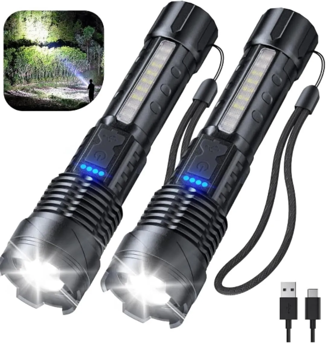 Tactical LED Handheld Flashlights, Set of 2, Rechargeable via USB, with Wrist Straps. 7 Modes, Super Bright with Emergency Red and White Flashers. Great for Hunters