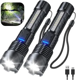 Tactical LED Handheld Flashlights, Set of 2, Rechargeable via USB, with Wrist Straps. 7 Modes, Super Bright with Emergency Red and White Flashers. Great for Hunters