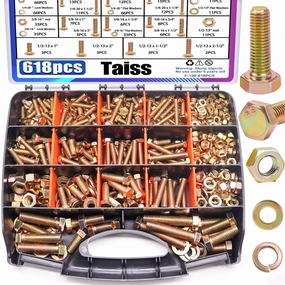Taiss 618pcs Grade 8.8 Bolts and Nuts Kit,Bolt Assortment Kit 1/4-20,5/16-18,3/8-16,1/2-13 Heavy Duty SAE Hex Bolts and Nuts Kit Flat/Lock Washer Yellow Zinc Plated,with Handheld Box