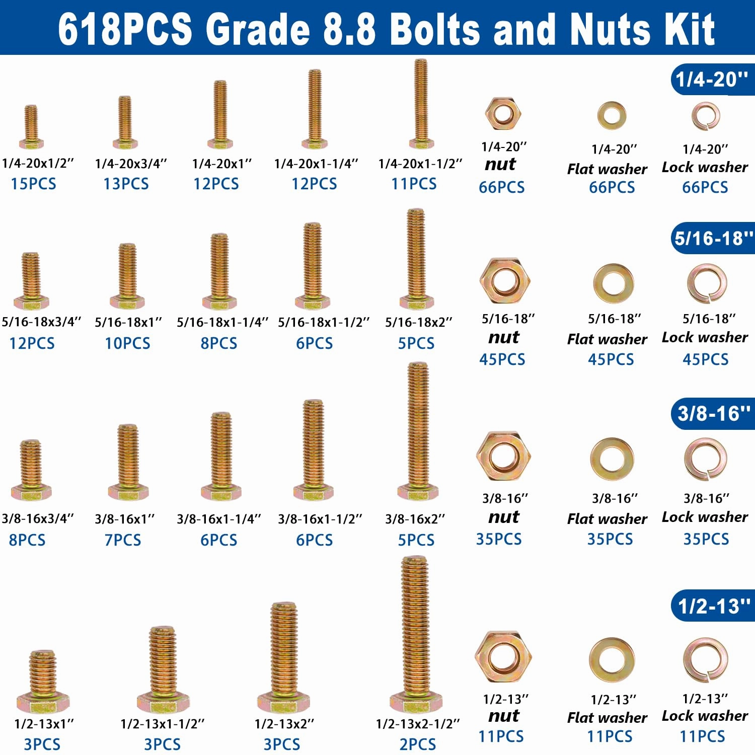 Taiss 618pcs Grade 8.8 Bolts and Nuts Kit,Bolt Assortment Kit 1/4-20,5/16-18,3/8-16,1/2-13 Heavy Duty SAE Hex Bolts and Nuts Kit Flat/Lock Washer Yellow Zinc Plated,with Handheld Box