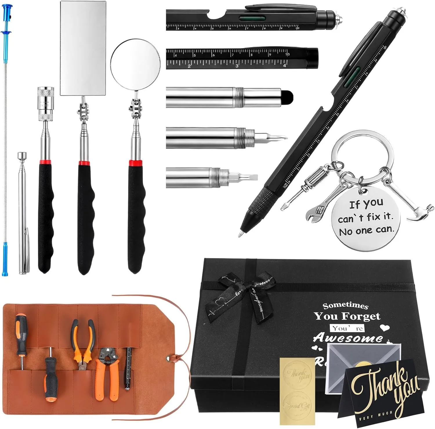 Tandefio 10 Pcs Dad Gifts Multifunctional Tool Set Father's Day Dad Gifts from Son Daughter Magnetic Pick up Set 7 in 1 Multitool Pen Thank You Keychain with Box for Men Adults Home Bike Fast Repair
