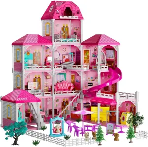 TEMI Doll House Girls Toys - 4-Story 12 Rooms Playhouse with 2 Dolls Toy Figures, Fully Furnished Fashion Dollhouse, Pretend Playhouse with Accessories, Gift Toy for Kids Ages 3 4 5 6 7 8 
