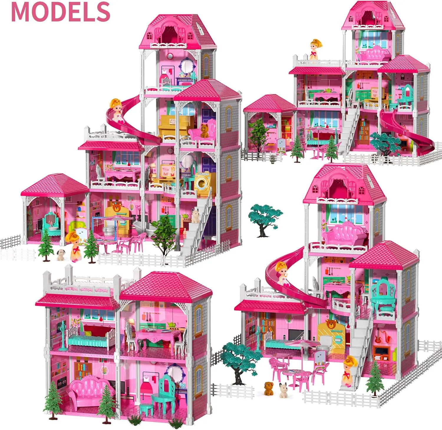 TEMI Villa Toys for 3 4 5 6 7 8 Years Old Girls - 4 Storeys 10 Rooms, Indoor Playset with 2 Dolls Toy Figures, Toys Furniture and Accessories, Pretend Girls Plays, Building Toys, Gifts Toy