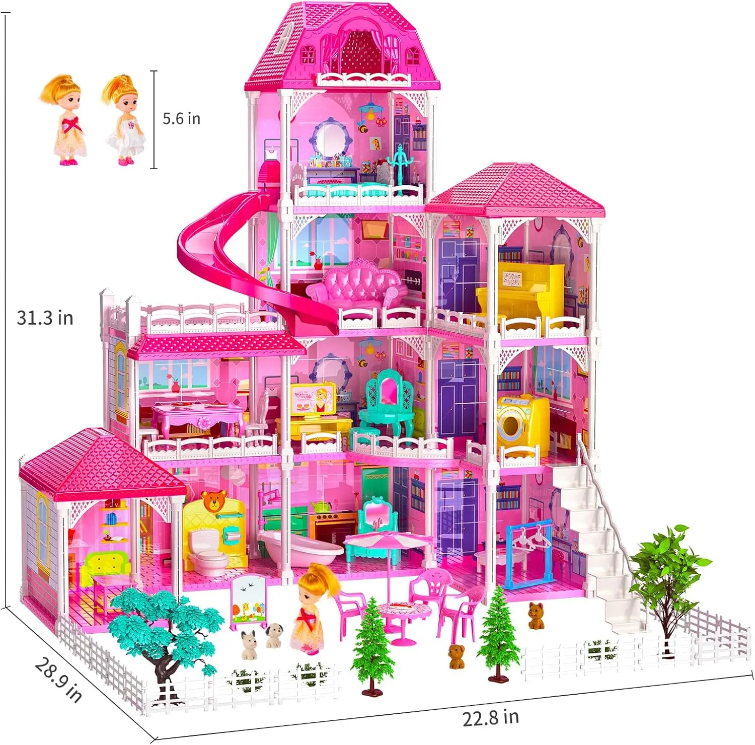 TEMI Villa Toys for 3 4 5 6 7 8 Years Old Girls - 4 Storeys 10 Rooms, Indoor Playset with 2 Dolls Toy Figures, Toys Furniture and Accessories, Pretend Girls Plays, Building Toys, Gifts Toy