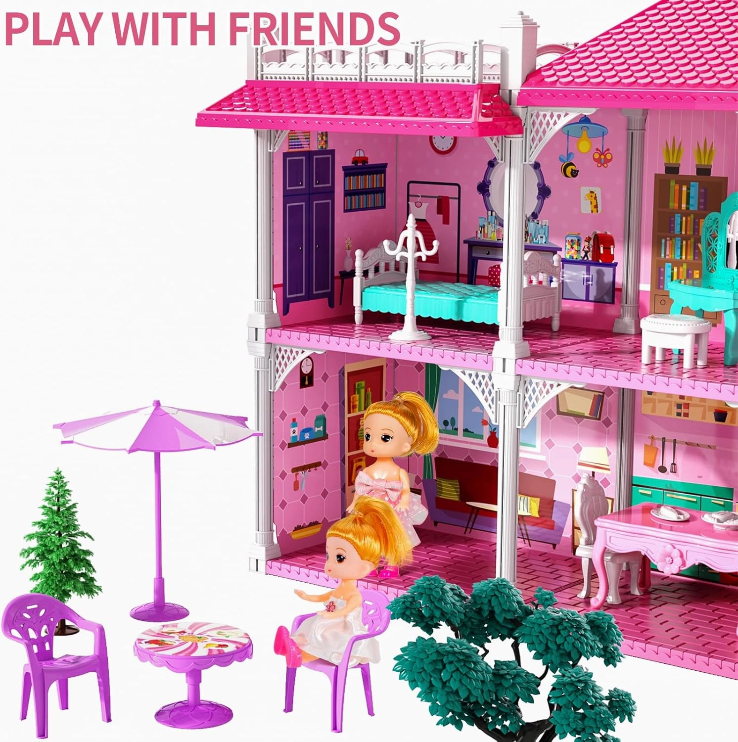TEMI Doll House Girls Toys - 4-Story 12 Rooms Playhouse with 2 Dolls Toy Figures, Fully Furnished Fashion Dollhouse, Pretend Playhouse with Accessories, Gift Toy for Kids Ages 3 4 5 6 7 8 