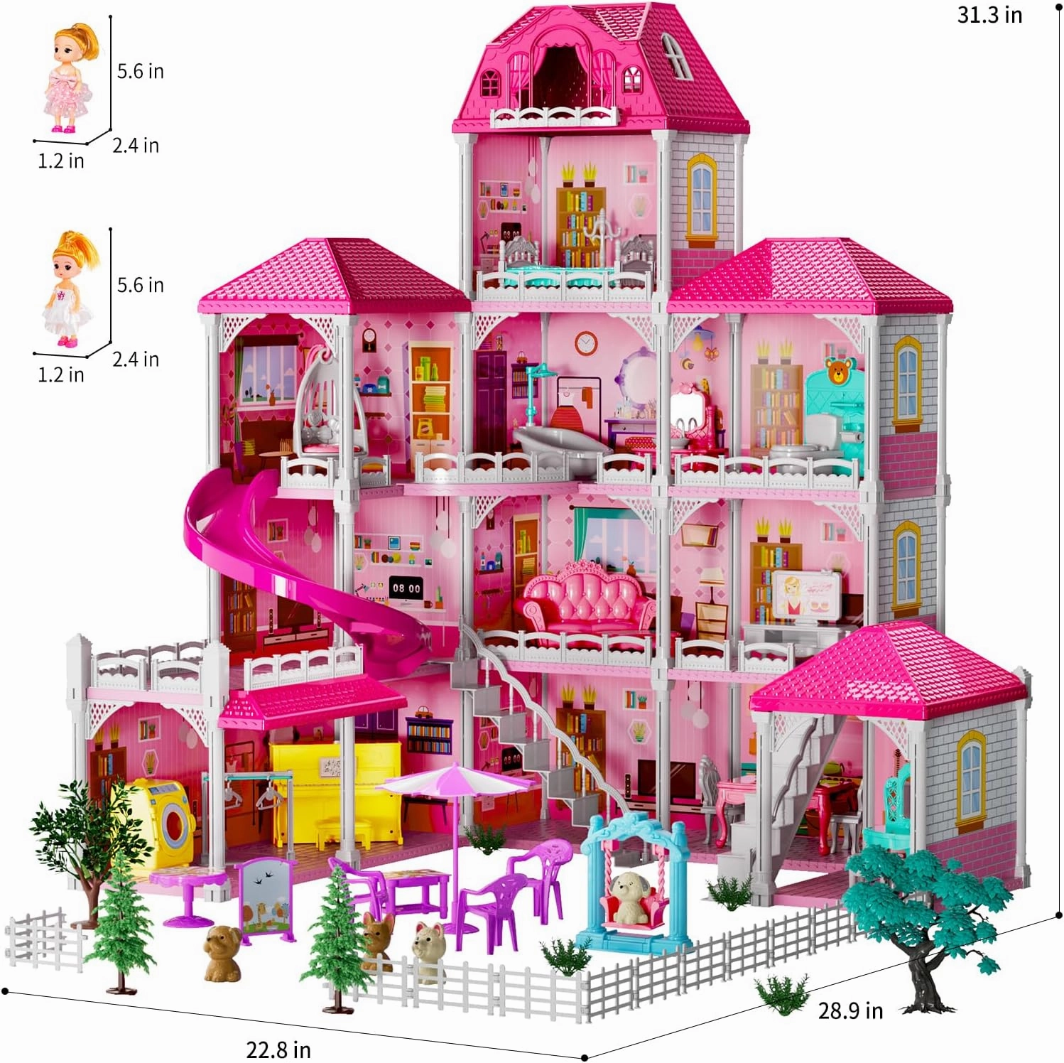 TEMI Doll House Girls Toys - 4-Story 12 Rooms Playhouse with 2 Dolls Toy Figures, Fully Furnished Fashion Dollhouse, Pretend Playhouse with Accessories, Gift Toy for Kids Ages 3 4 5 6 7 8 