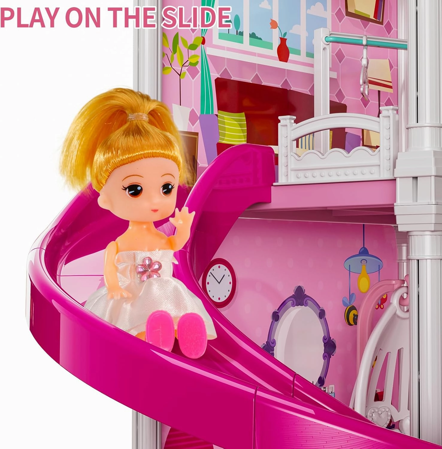 TEMI Doll House Girls Toys - 4-Story 12 Rooms Playhouse with 2 Dolls Toy Figures, Fully Furnished Fashion Dollhouse, Pretend Playhouse with Accessories, Gift Toy for Kids Ages 3 4 5 6 7 8 