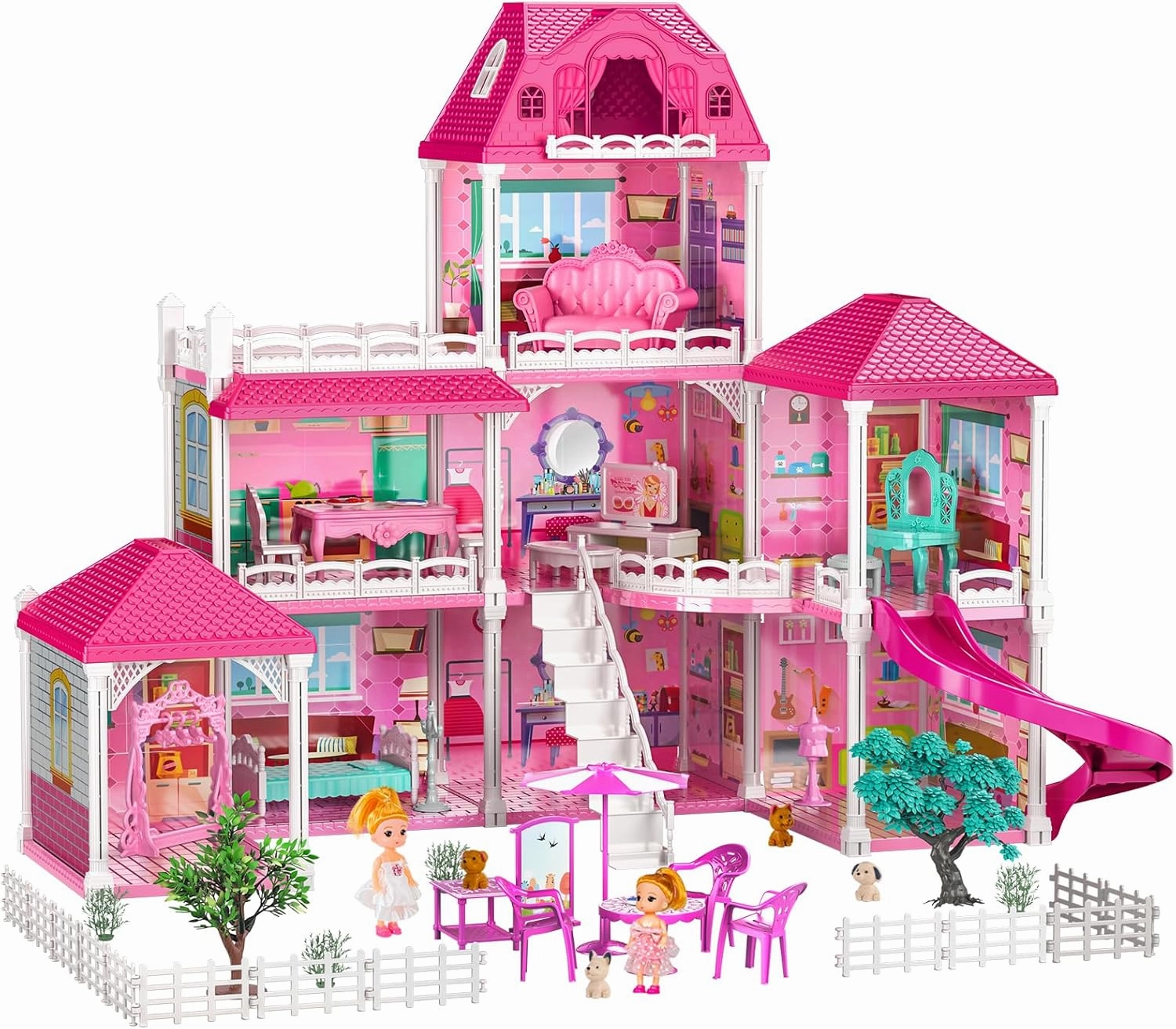 TEMI Villa Toys for 3-8 Years Old Girls - 3 Storeys 8 Rooms, Indoor Playset with 2 Dolls, Furniture and Accessories, Pretend Play, Building Toys, Gifts