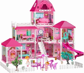 TEMI Villa Toys for 3-8 Years Old Girls - 3 Storeys 8 Rooms, Indoor Playset with 2 Dolls, Furniture and Accessories, Pretend Play, Building Toys, Gifts