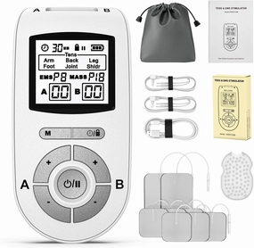 TENS&EMS STIMULATOER, Dual Channel TENS EMS Unit 40 Intensities for Gradual Pain Relief Therapy, 24 Modes Muscle Stimulator, Electronic Pulse Massager with Pads, Dust-Proof Drawstring Storage Bag