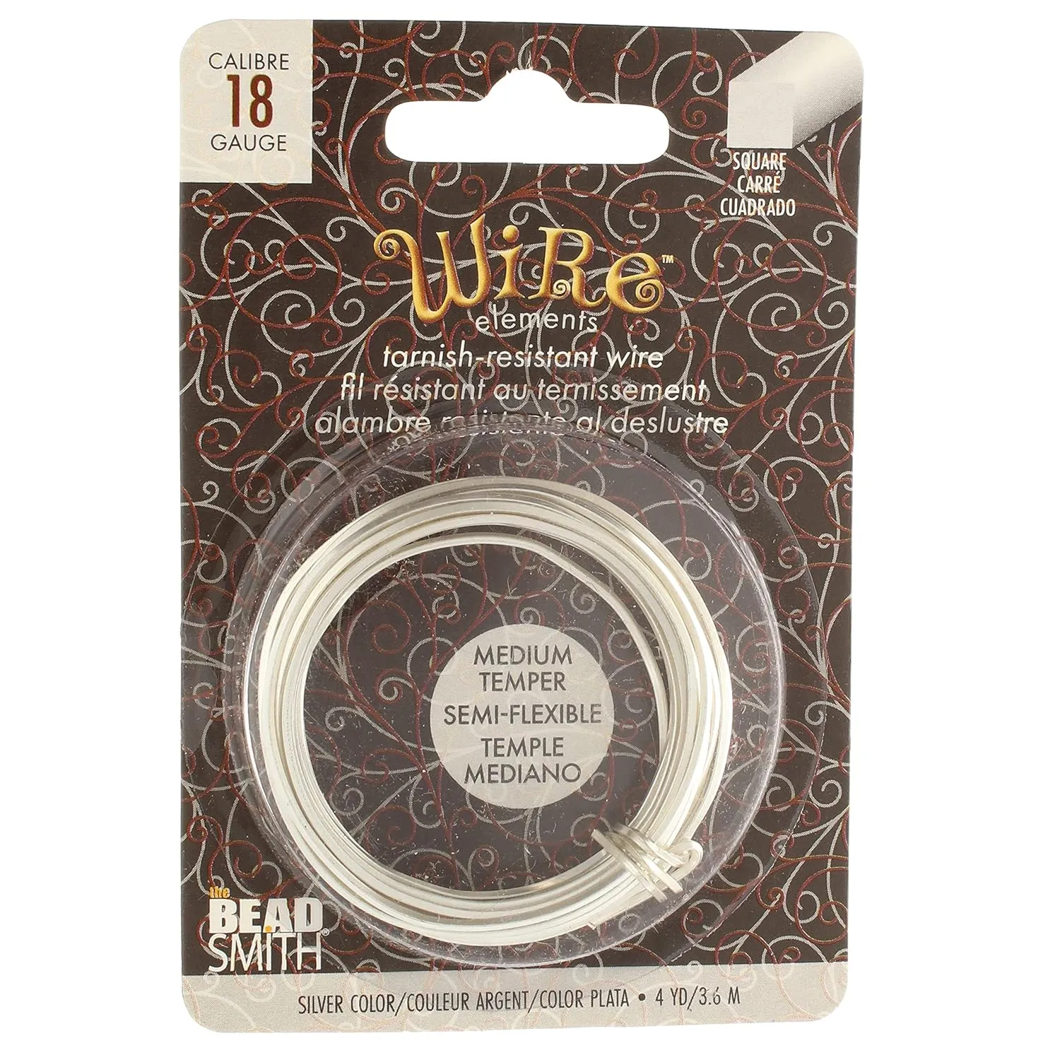 The Beadsmith Square Craft Wire - Medium Temper Beading Wire, Silver Color, 18 Gauge, 4 Yards
