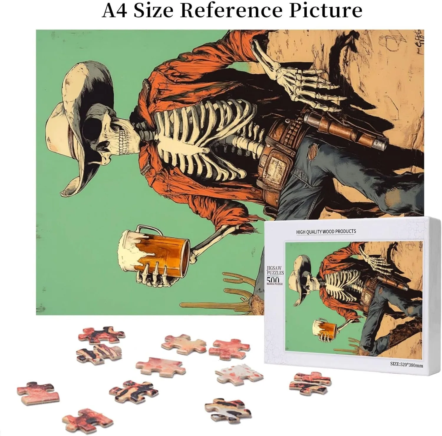 Thirsty Skeleton Cowboy Beer in Desert,500 Piece Wooden Puzzle for Adults,Dark Humor Western Artwork,Brain Training Challenge, Stress Relief Activity,Gifts for Family and Friends
