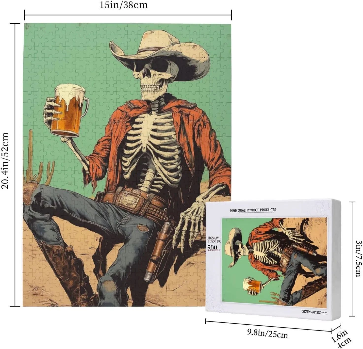 Thirsty Skeleton Cowboy Beer in Desert,500 Piece Wooden Puzzle for Adults,Dark Humor Western Artwork,Brain Training Challenge, Stress Relief Activity,Gifts for Family and Friends
