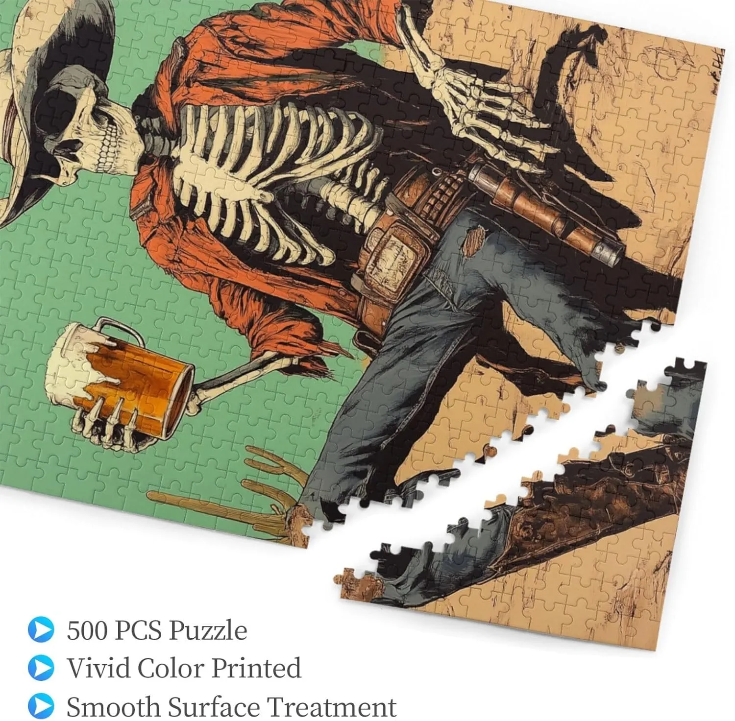 Thirsty Skeleton Cowboy Beer in Desert,500 Piece Wooden Puzzle for Adults,Dark Humor Western Artwork,Brain Training Challenge, Stress Relief Activity,Gifts for Family and Friends