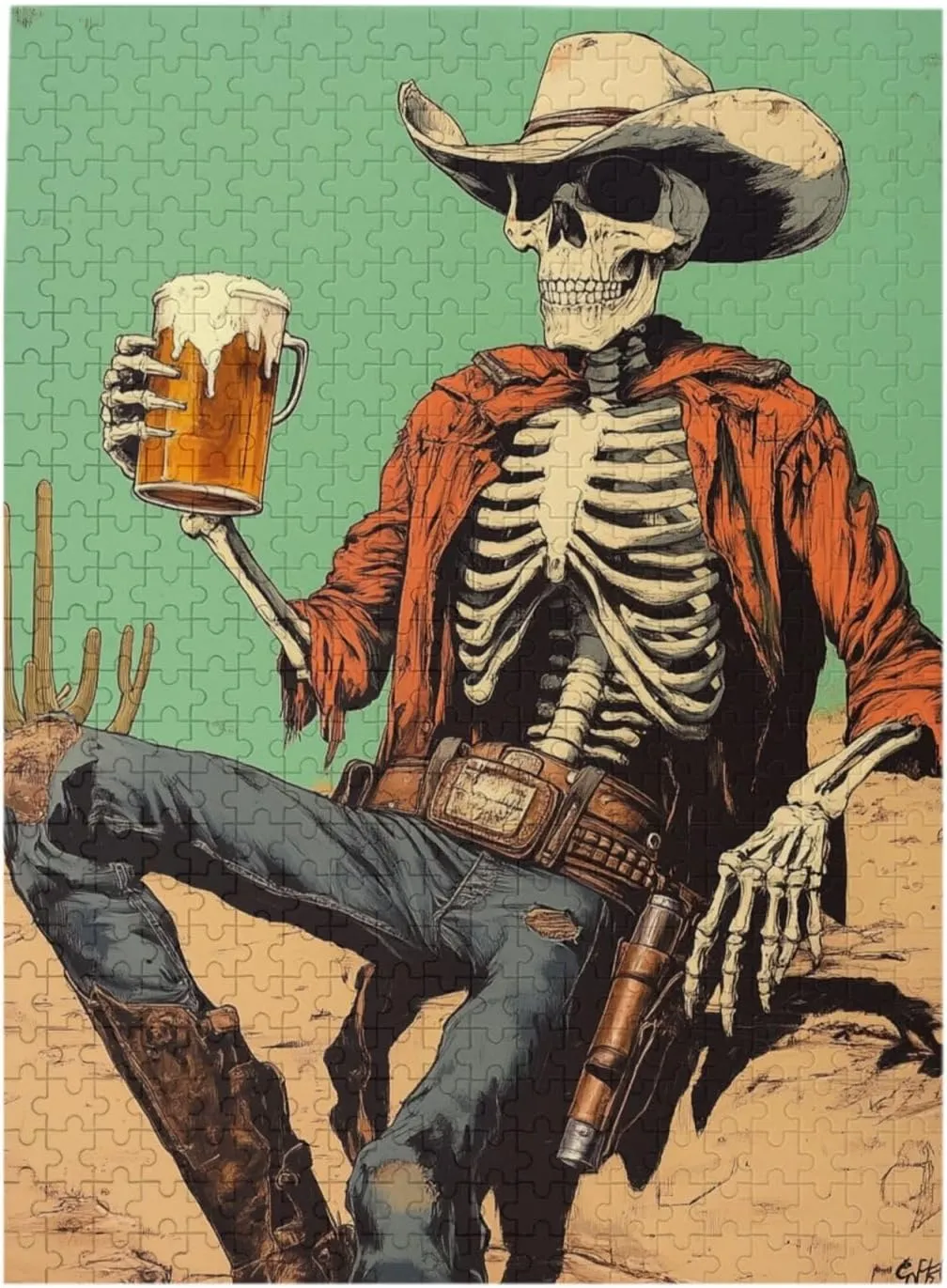 Thirsty Skeleton Cowboy Beer in Desert,500 Piece Wooden Puzzle for Adults,Dark Humor Western Artwork,Brain Training Challenge, Stress Relief Activity,Gifts for Family and Friends