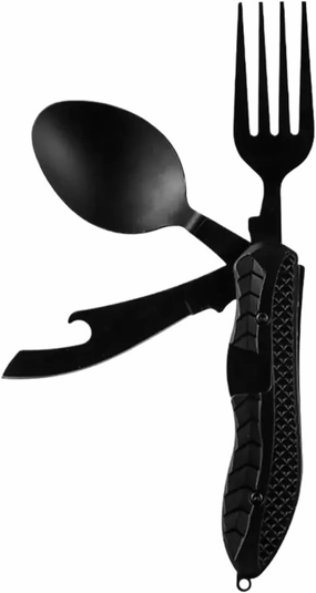 Three-in-One Multi-Tool Camping Folding Comfortable Grip Hook Stainless Steel Folding Spoon Fork Bottle Opene