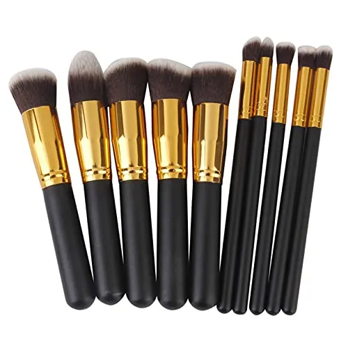 Tiny Deal_Wooden Handle and Aluminium Tube and Fiber Bristle Makeup Brushes -Set of 10 Pieces, Black and Golden