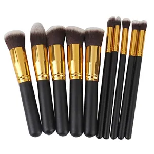 Tiny Deal_Wooden Handle and Aluminium Tube and Fiber Bristle Makeup Brushes -Set of 10 Pieces, Black and Golden