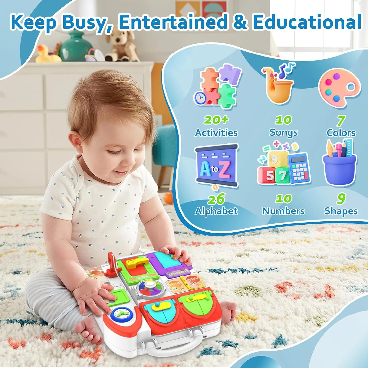 Toddler Toys for 1-2 Year Old Boy, Musical Montessori Busy Board, Early Educational Toy for Toddlers 1-3, Motor Skills Developmental Toy for 12-18 Month Age, Birthday Gift for 1  Year Old Boy Girl
