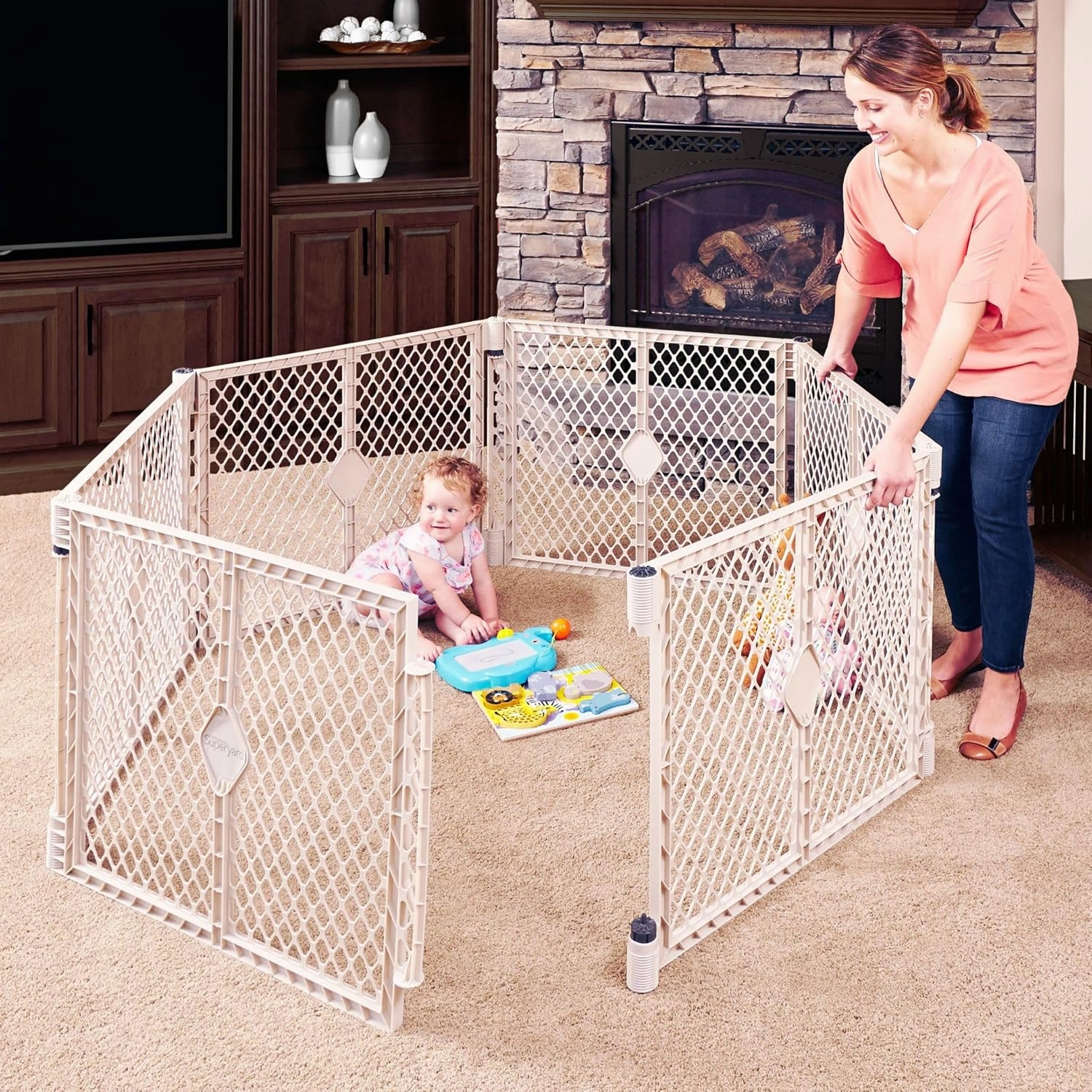 Toddleroo by North States - Superyard Baby Play Yard: Freestanding 6-Panel Baby Playpen - Indoor or Outdoor Use - Made in USA - Encloses Up to 18.5 Square Feet - 26 Inches Tall - Sand