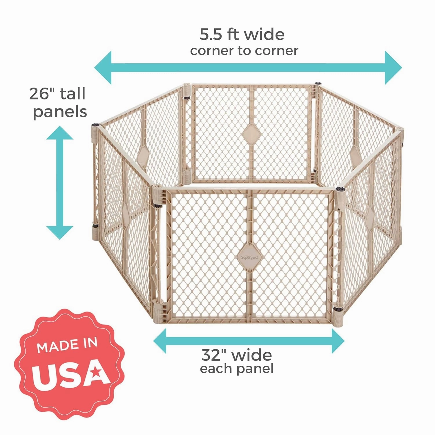 Toddleroo by North States - Superyard Baby Play Yard: Freestanding 6-Panel Baby Playpen - Indoor or Outdoor Use - Made in USA - Encloses Up to 18.5 Square Feet - 26 Inches Tall - Sand