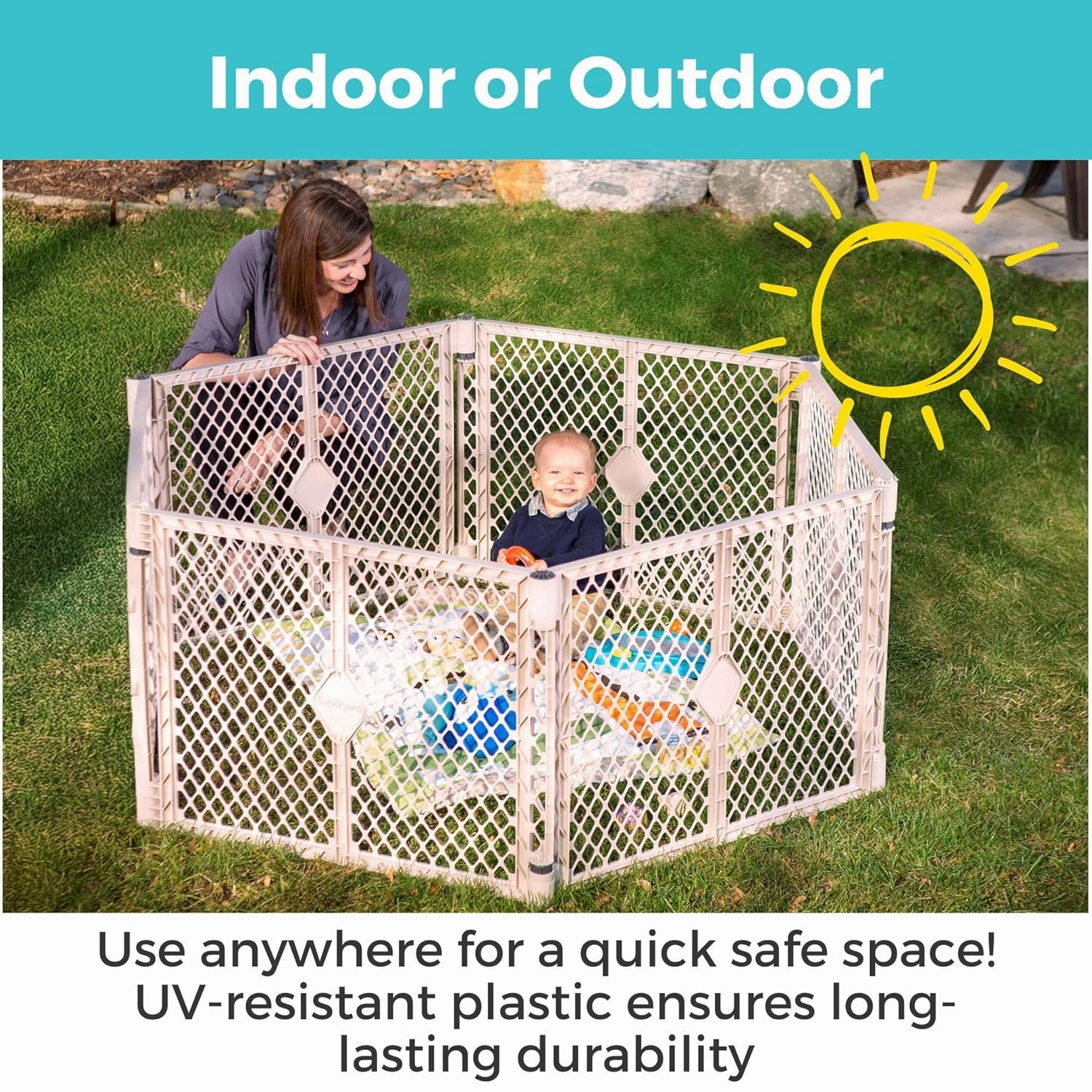 Toddleroo by North States - Superyard Baby Play Yard: Freestanding 6-Panel Baby Playpen - Indoor or Outdoor Use - Made in USA - Encloses Up to 18.5 Square Feet - 26 Inches Tall - Sand