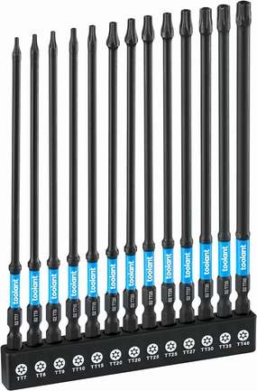 Toolant 6" Impact Long Torx Bit Set 13pcs (TT7-TT40), 1/4 Hex-Shank S2 Steel Security Torx With CNC Machined Tips, Tamper Proof Star, Magnetic Impact Holder and Storage Box