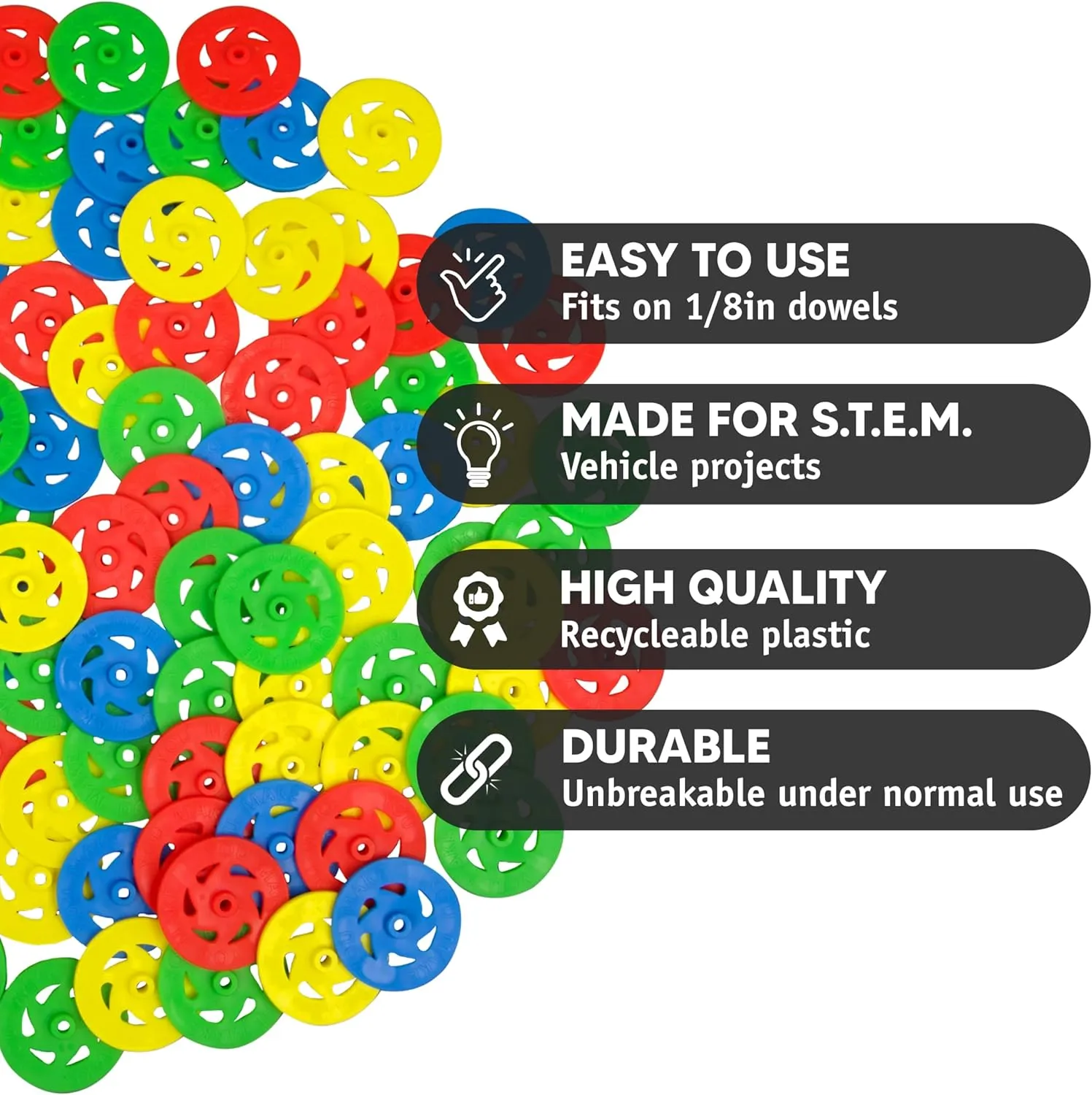 Toy Wheels - Bulk Pack of 200 - Small Plastic Wheels for Toy Cars, STEM Projects, Crafts, Mini Vehicles