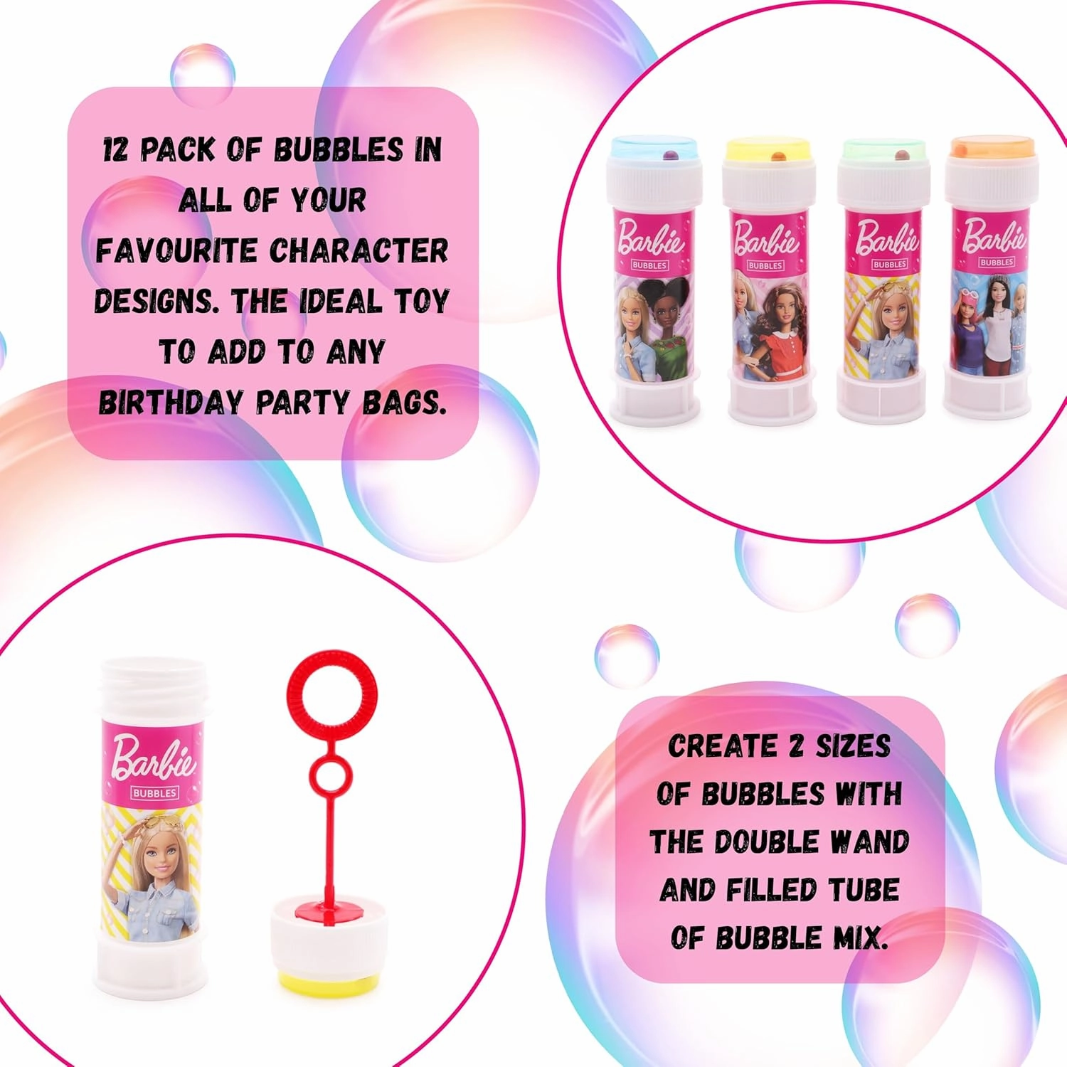 Toyland® Pack of 12 Barbie Bubble Tubs with Wands, 2fl oz Solution & Novelty Maze Lid - Pocket Money & Party Bag Toys