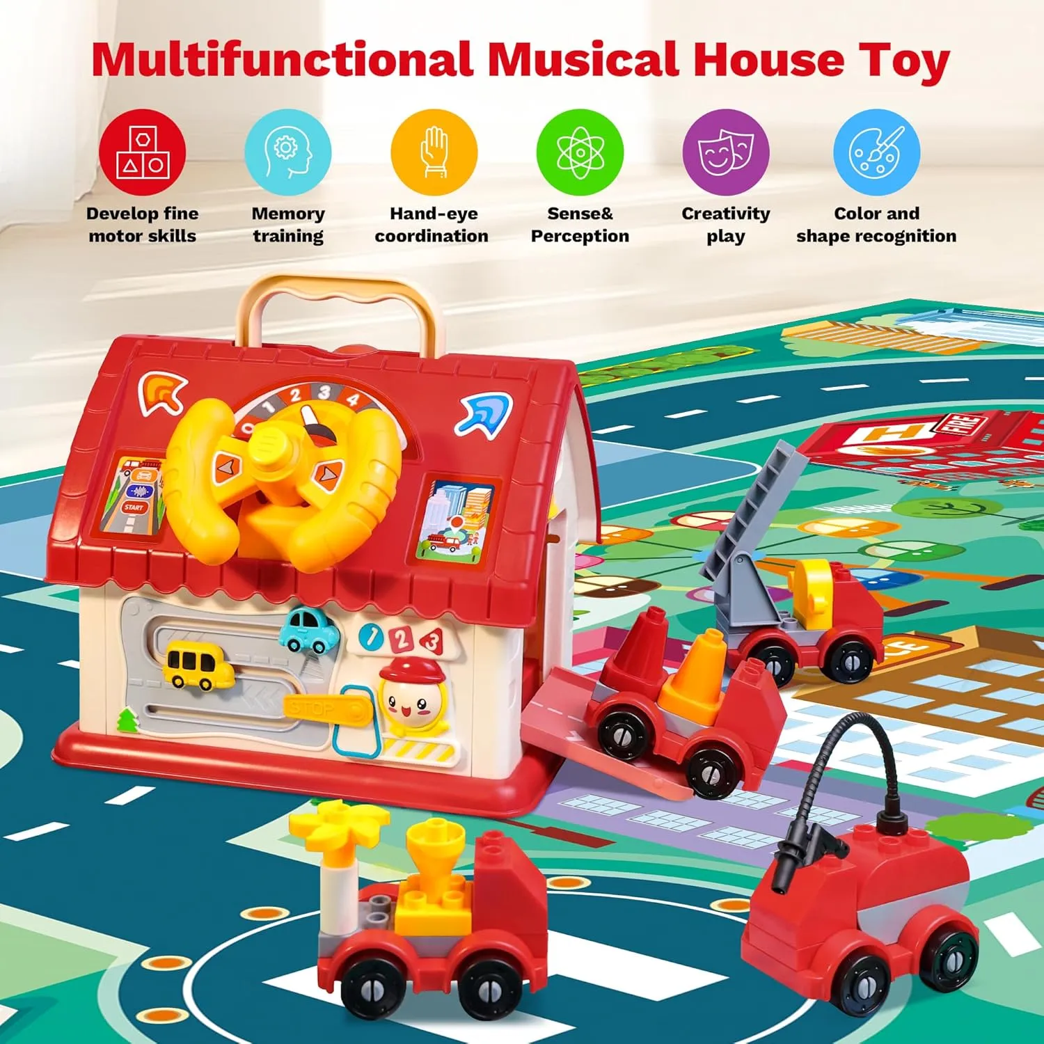 Toys for 1 2 3 Year Old Gifts Montessori Toddler Toys 8 in 1 Multi-Functional Learning House with Sound/Lights/Music/Clock/Car/Telephone Music Early Educational Baby with 4 Cars (Red)